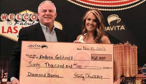 Andrea Gebhardt being presented a check for $60,000 Diamond Bonus